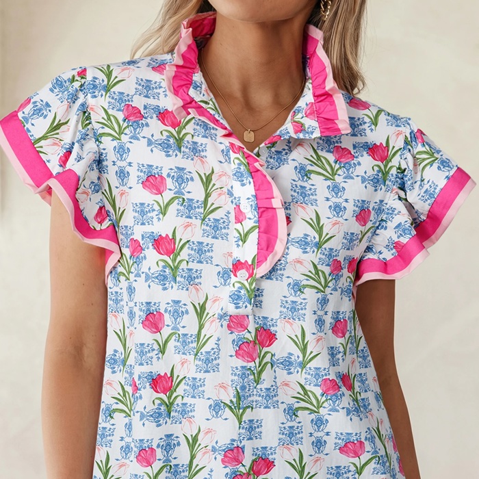 Floral Breeze Colorblock Flutter Sleeve Blouse | S-XL