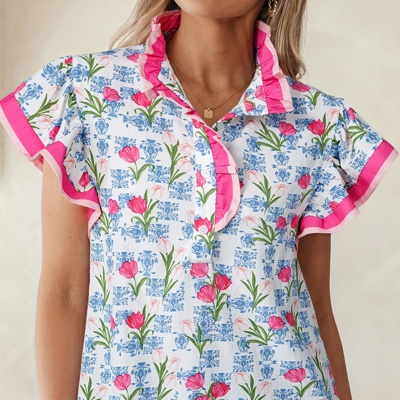 Floral Breeze Colorblock Flutter Sleeve Blouse | S-XL