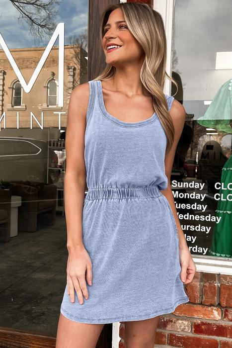 Mineral Wash Sleeveless Elastic Waist Mini Dress | S-XL