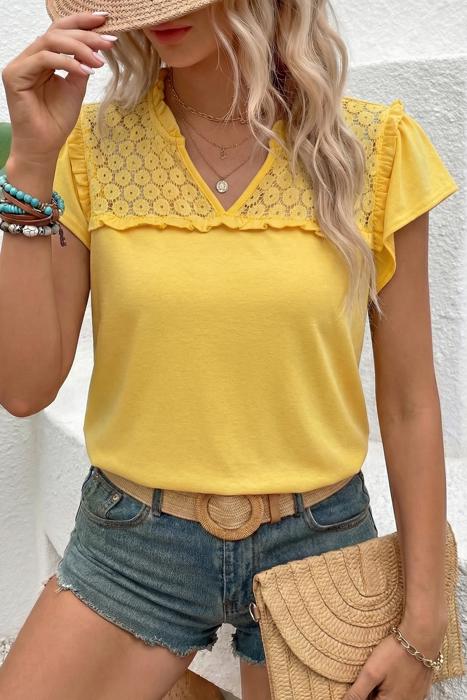 Sheer Lace Split Neck Ruffle Blouse | S-XL