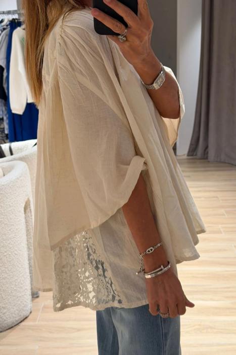 Sheer Lace Splice Bracelet Sleeve Loose Shirt | S-XL