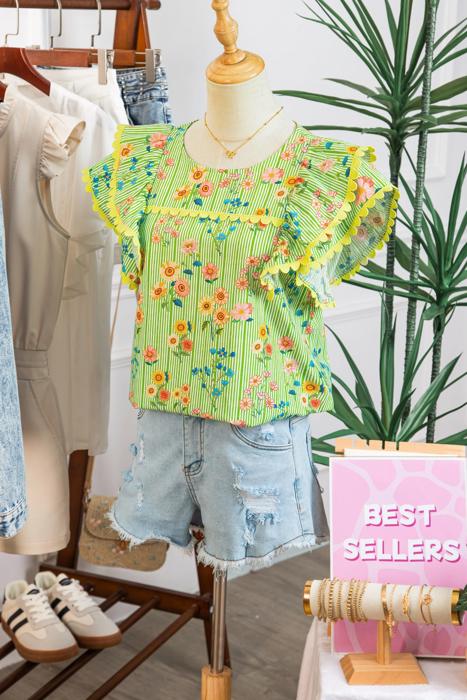 Stripe Floral Ruffle Sleeve Top | S-XL