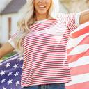  Stripe Trim Round Neck Short Puff Sleeve Top | S-XL