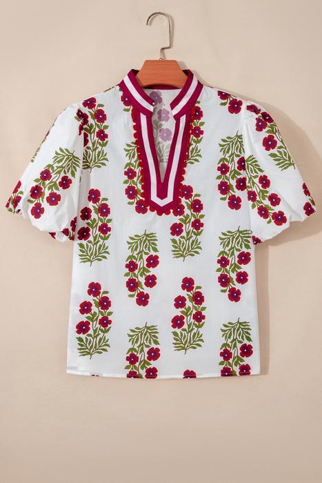 Sweet Bloom Contrast Bubble Sleeve Top  | S-XL