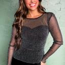  Metallic Shimmer Mesh Long Sleeve Blouse | S-XL