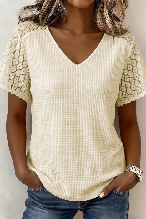 Lace Trim Cutout V-Neck Waffle Knit Button Blouse | S-XL