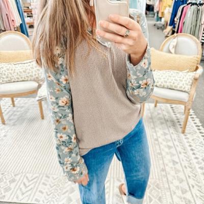 Ribbed Floral Contrast Long Sleeve Top | S-XL