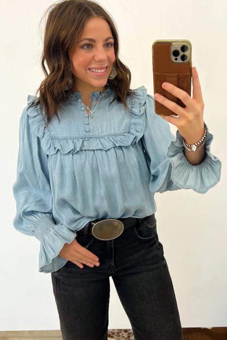 Western Ruffle V-Neck Chambray Blouse | S-XL