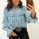  Western Ruffle V-Neck Chambray Blouse | S-XL