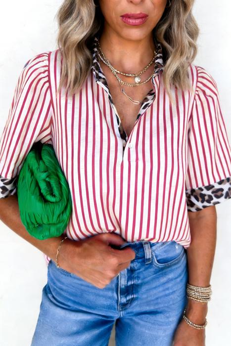 Leopard Trim Striped Half-Button Blouse | S-XL