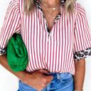  Leopard Trim Striped Half-Button Blouse | S-XL