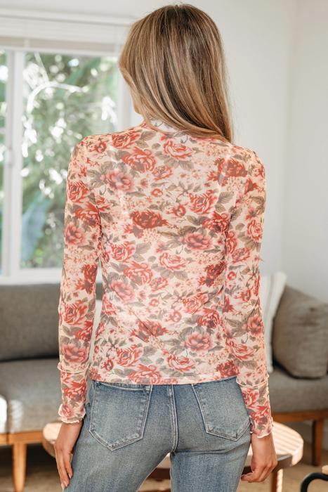 Floral Print Mesh Long Sleeve Top | S-XL