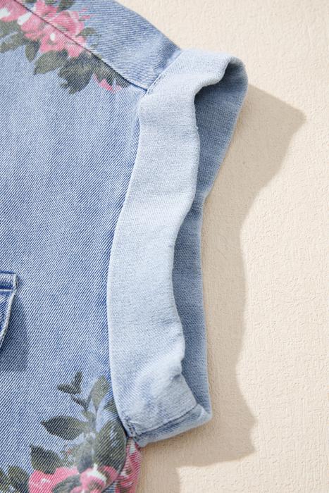 Floral Print Denim Button-Down Shift Dress | S-XL