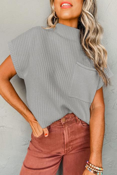 Pocket Ribbed Knit Short Sleeve Sweater | S-XL