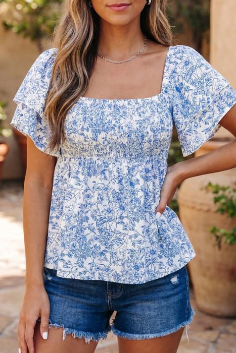 Floral Square-Neck Ruffle Sleeve Blouse | S-XL