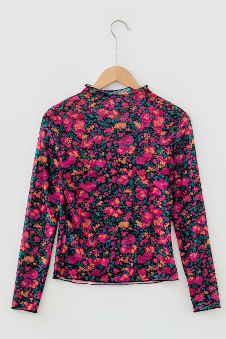 Floral Mesh Mock Neck Long Sleeve Top | S-XL