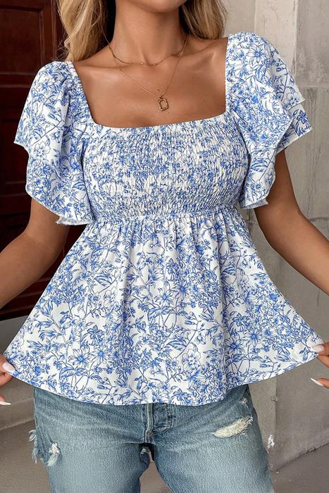 Floral Square-Neck Ruffle Sleeve Blouse | S-XL