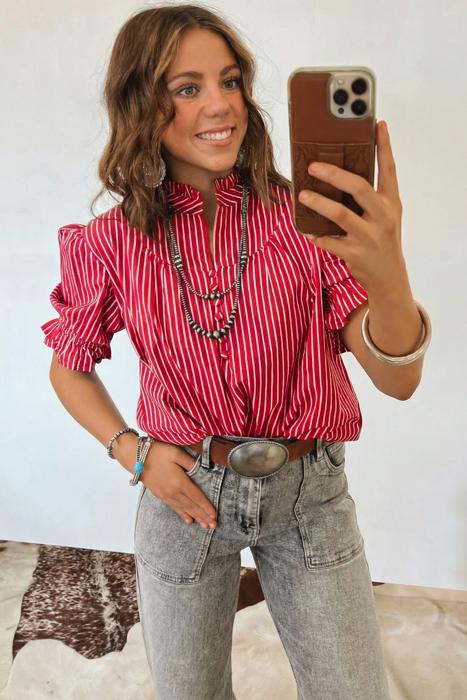 Short Puff Sleeve Stripe Ruffle Blouse | S-XL