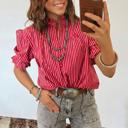  Short Puff Sleeve Stripe Ruffle Blouse | S-XL