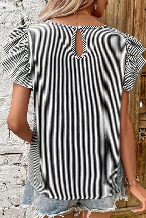 Ruffle Sleeve Stripe Round Neck Blouse | S-XL