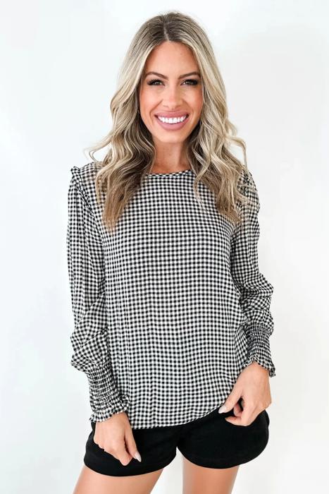 Plaid Shirred Cuff Long Sleeve Blouse | S-XL