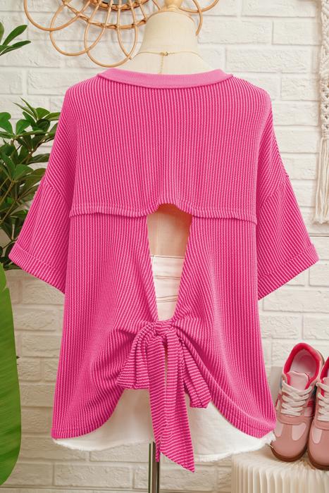 Spiral Ribbed Bow-Back Oversized Tee | S-XL
