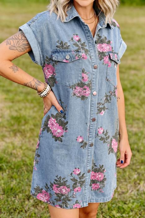 Floral Print Denim Button-Down Shift Dress | S-XL