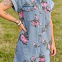  Floral Print Denim Button-Down Shift Dress | S-XL