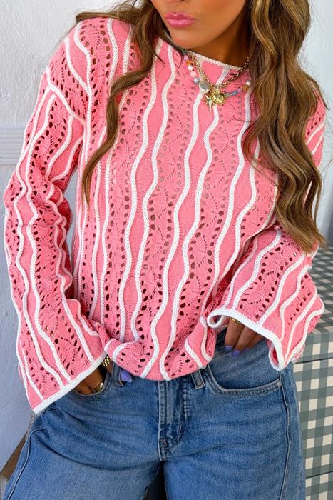 Wavy Knit Hollow-Out Cotton Sweater | S-XL