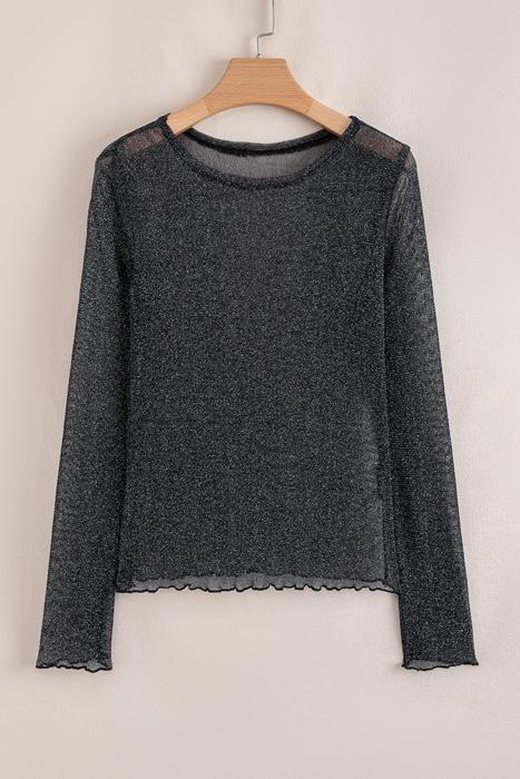 Metallic Shimmer Mesh Long Sleeve Blouse | S-XL
