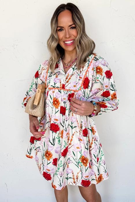 Floral Print Ricrac Trim Puff Sleeve Mini Dress | S-XL