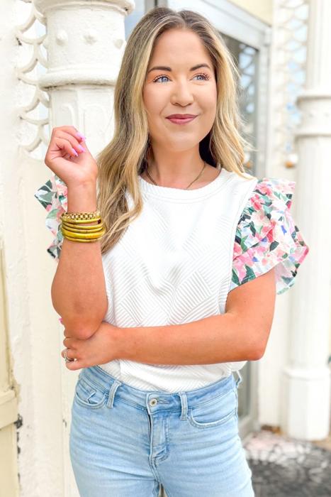 Textured Knit Abstract Print Tiered Sleeve Top | S-XL