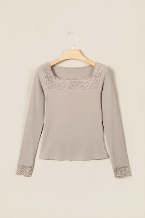 Lace Charm Ribbed Long Sleeve Top | S-XL