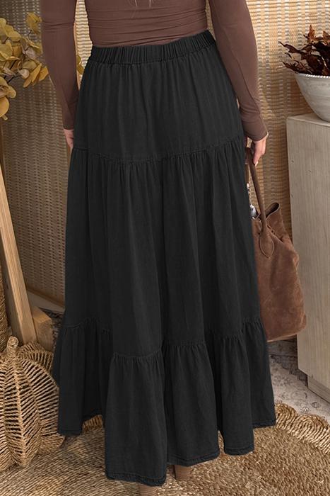 Ruffled Hem Tiered Denim Maxi Skirt | S-XL