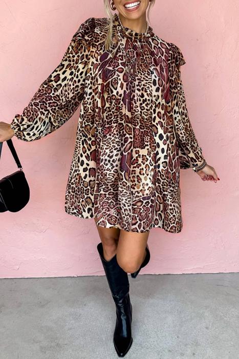 Leopard Print Ruffled Long Sleeve Mini Dress | S-XL