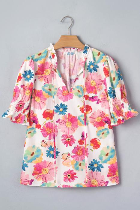 Floral Tie V-Neck Puff Sleeve Top | S-XL