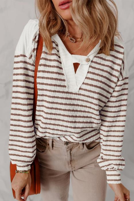 Striped Textured Hooded V-Neck Long Sleeve Top | S-XL