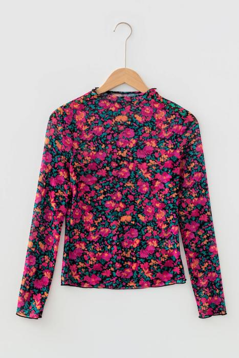 Floral Mesh Mock Neck Long Sleeve Top | S-XL