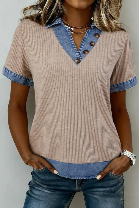 Ribbed Knit Denim Color Block Collared Blouse | S-XL