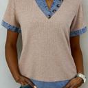  Ribbed Knit Denim Color Block Collared Blouse | S-XL