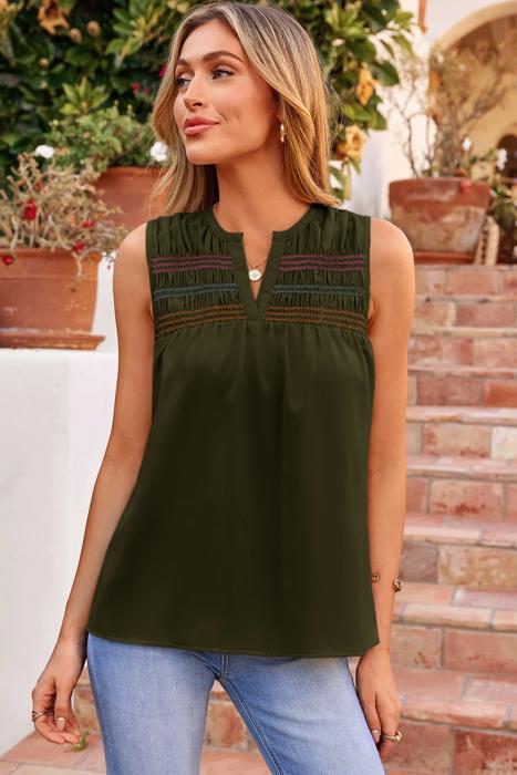 Shirred V-Neck Sleeveless Shift Blouse | S-XL