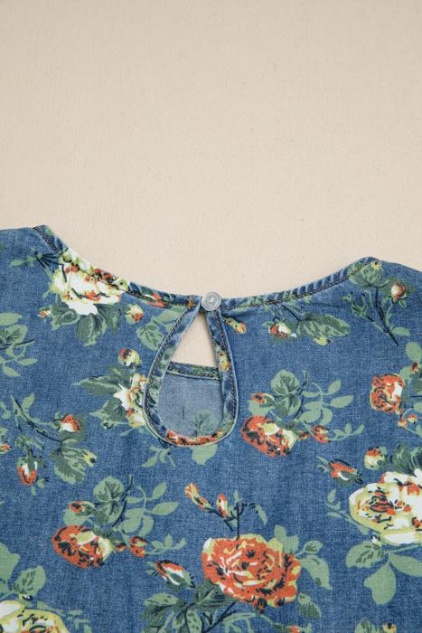 Casual Floral Denim Puff Sleeve Top | S-XL
