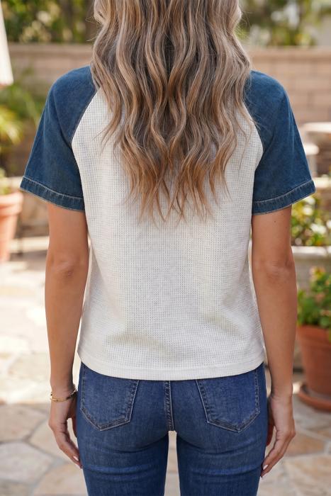Textured Color Block Denim Patchwork Polo Shirt | S-XL
