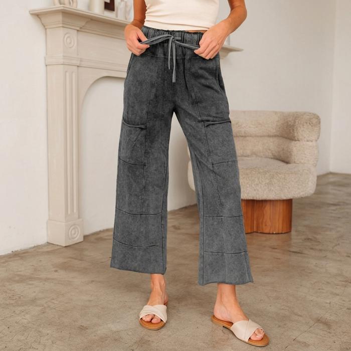 Lace-Up Raw Hem Patched Pocket Pants | S-XL