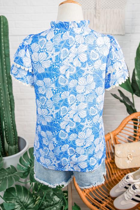 Ocean Bloom Collared Scallop Trim Blouse | S-XL