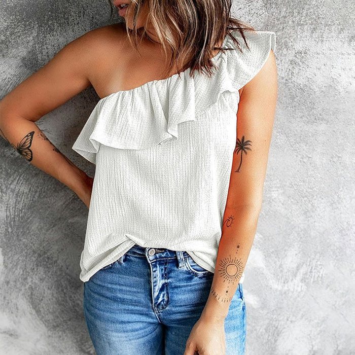 One Shoulder Ruffle Tank | S-2XL