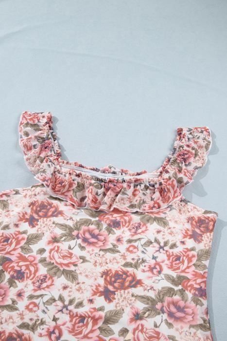 Retro Floral Square Neck Ruffle Trim Tank Top | S-XL