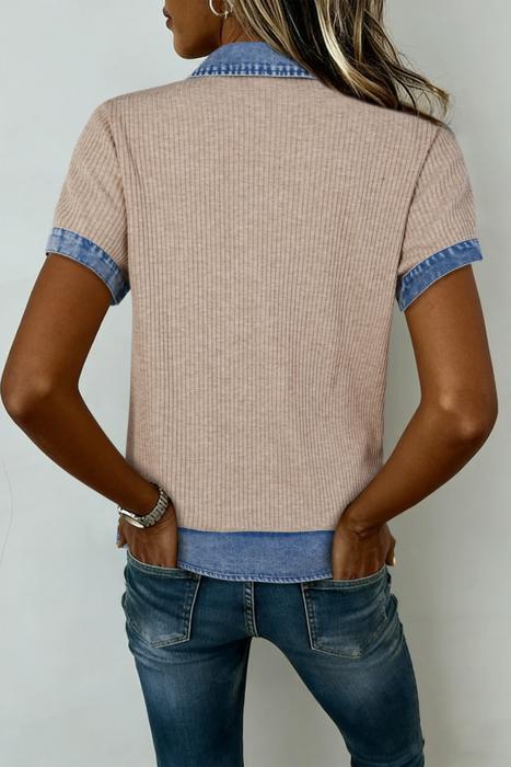 Ribbed Knit Denim Color Block Collared Blouse | S-XL