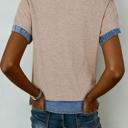 Ribbed Knit Denim Color Block Collared Blouse | S-XL