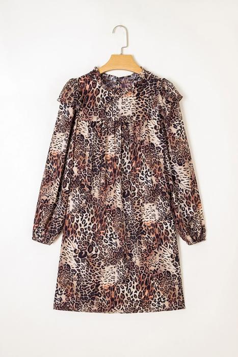 Leopard Print Ruffled Long Sleeve Mini Dress | S-XL